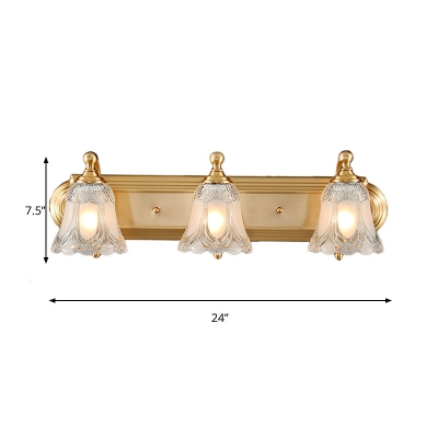 Aplique de tocador estilo vintage con pantalla de vidrio transparente, iluminación de pared dorada para baño - 2/3 opciones de bombilla - 18 pulgadas/24 pulgadas de ancho