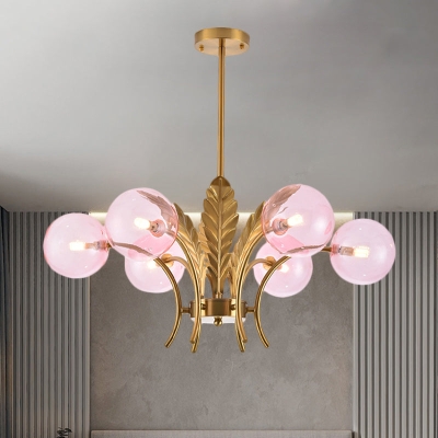 Kugel-Deckenleuchte Simplicity Weiß/Pink/Cognac-Glas, 6-flammiger LED-Hängeleuchter für Wohnzimmer mit Blattdekor