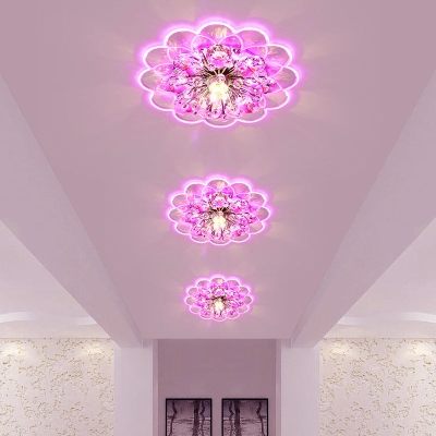 Moderne bloemen LED-inbouwplafondlamp met afgeschuind kristal in rood voor veranda, met roze, witte en warme lichtopties.