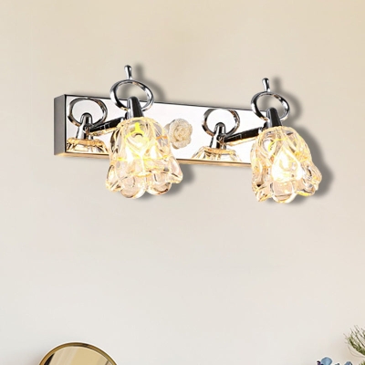 Lámpara de pared para tocador con pantalla de flores moderna, vidrio transparente, acabado plateado, 2/3 luces, ideal para baño, 12
