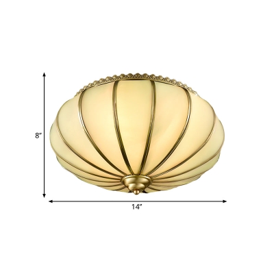 Retro White Glass Sphere Flush Mount Ceiling Light Fixture - 3 Brass Heads, Ideal for Bedroom - 14
