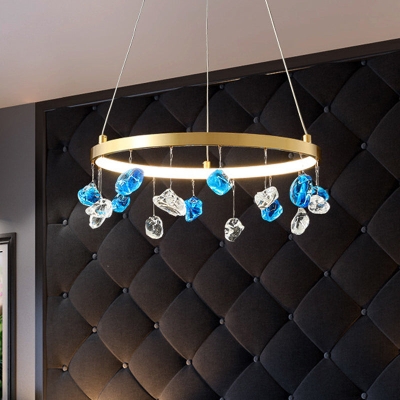 Gold LED Chandelier with Colored Gem Droplet - Mid Century Circle Pendant Lighting, 16