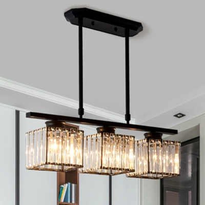 Modern 3/4-lichts vierkant hangend plafondarmatuur met helder kristal in zwart/goud voor eetkamer