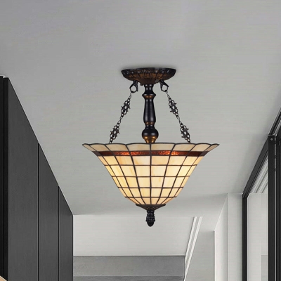 Tiffany-Kronleuchter mit Glocke aus antikem Glas – beige umgekehrte Pendelleuchte für Restaurants