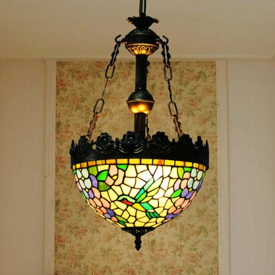Vintage Brass Floral Chandelier - Tiffany Style Stained Glass - 3 Lights - Ceiling or Hanging Lamp - 12