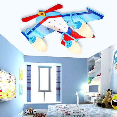 Blaue Kinder-Einbauleuchte mit ovalem cremefarbenem Glasschirm – flache Deckenleuchte aus Holz in Holzoptik