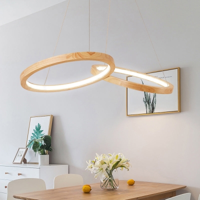 Lámpara colgante de madera con doble anillo para comedor, lámpara sencilla y moderna en color Beige