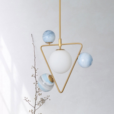 Mid Century Gold Pendant Chandelier with Triangle Iron Frame and Orb Colored Glass Shade