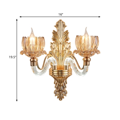 Sconce de pared de vidrio acanalado dorado con 2 luces florales - Accesorio de mediados de siglo