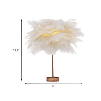 Stilvolle rosa/weiße Palmen-Nachtlampe – batteriebetriebene LED-Tischleuchte mit Federn und USB-Ladeanschluss