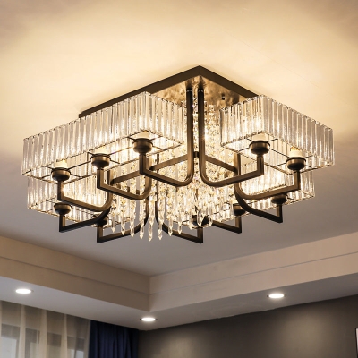 Zwarte semi-inbouwlamp met prismatisch kristal voor woonkamer - Eigentijdse rechthoekige plafondlamp