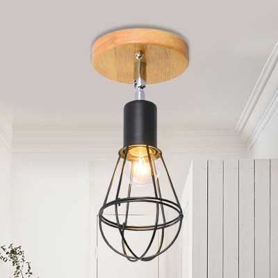 Industrial Loft Ceiling Fixture with Wire Cage and Rotatable Bulb - Black Metallic Semi-Flush Mount for 4
