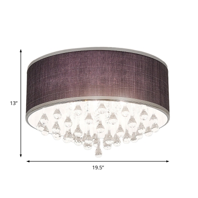 Contemporary Black Drum Flush Pendant Light with Clear Teardrop Crystal Accent - 6/8 Lights, 18