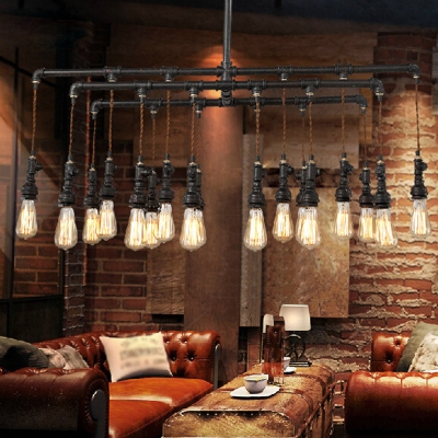 Rustieke zwarte ijzeren industriële pijp LED-eilandkroonluchter voor restaurants