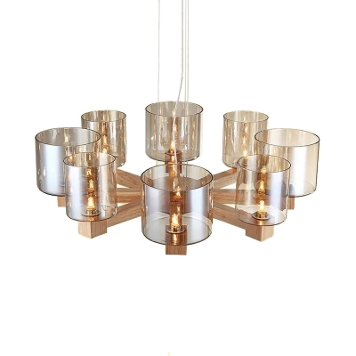 Industrial Wood Cylinder Chandelier with Radial Design - 4/6/8 Lights, Amber Glass Hanging Pendant Lamp