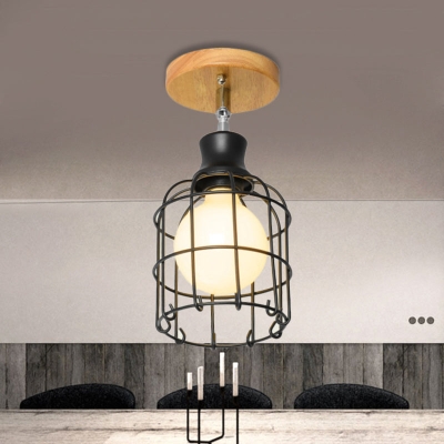 Industrial Loft Ceiling Fixture with Wire Cage and Rotatable Bulb - Black Metallic Semi-Flush Mount for 4