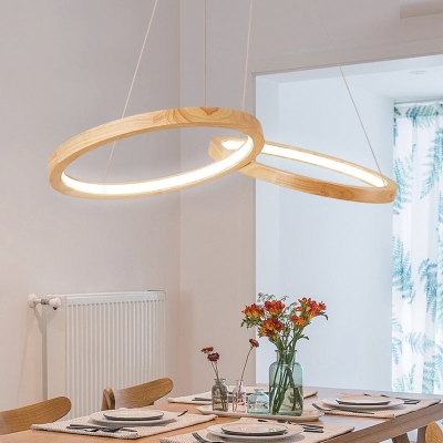 Holz-Doppelring-Pendelleuchte für Esszimmer, moderner, einfacher Kronleuchter in Beige