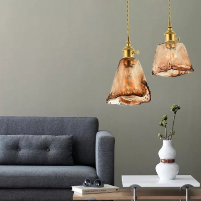 Messing-Anhänger mit schattigem Tropfen, Vintage-Design, handgefertigt, 1-flammiges Wohnzimmer-Pendellicht aus hellbraunem Glas
