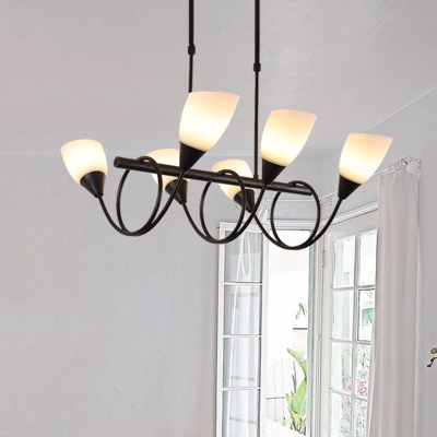 Vintage Black Cup Chandelier Light - 6/8/10 Lights, White Glass, LED Pendant Lamp with Linear Design