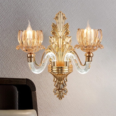 Sconce de pared de vidrio acanalado dorado con 2 luces florales - Accesorio de mediados de siglo