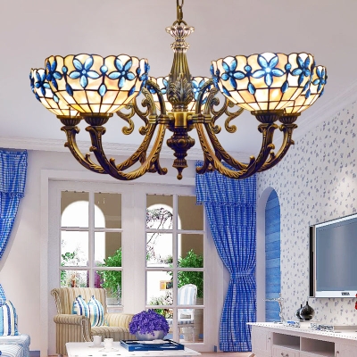 Floral Stained Glass Inverted Chandelier with Chain in Red/Blue for Vintage Bedroom Decor