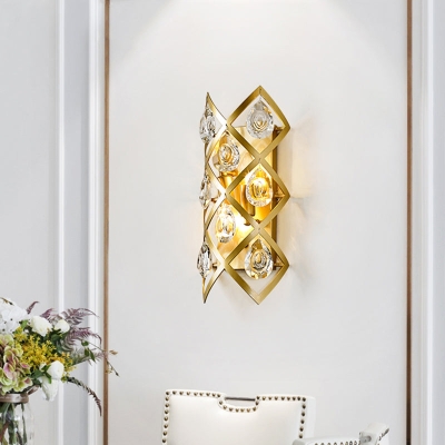 Lámpara de pared junto a la cama de cristal entrecruzado de mediados de siglo, lámpara de montaje dorado con 2 cabezales