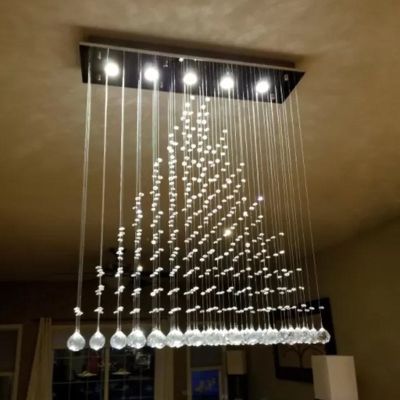 Modern Triangle Crystal Orb Flushmount Ceiling Light Fixture - 5 Lights, Stainless Steel