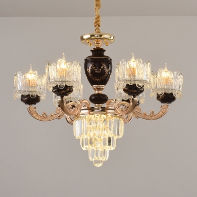 Trommel-Kronleuchter aus schwarzem und goldenem Kristallkristall – 6 Köpfe – Esszimmerbeleuchtung