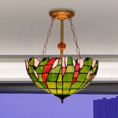 Tiffany Rustic Art Glass Halbbündige Deckenleuchte – umgekehrte Deckenleuchte mit Gitterschale in Grün – ideal für die Wohnzimmerdekoration