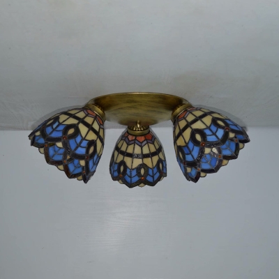 Vintage Stained Glass Dome Shade Ceiling Fixture - Victorian/Mediterranean/Baroque Pattern - Flush Mount - 3 Lights