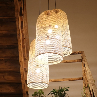 Lámpara colgante alargada de bambú, lámpara colgante de madera asiática de 2 luces para sala de estar