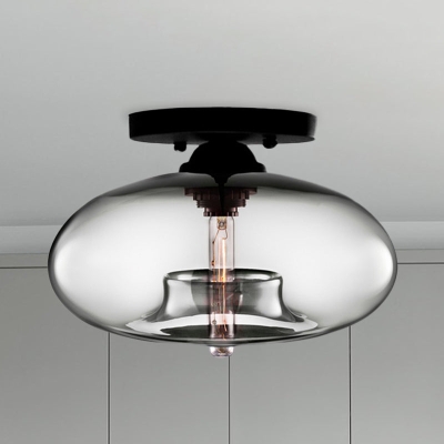 Industrial Semi Flush Ceiling Light with Oval Red/Brown/Blue Glass Shade - Black Finish, Ideal for Living Room