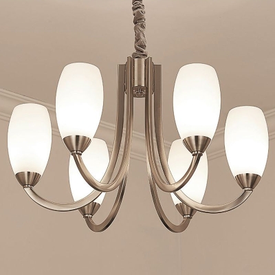 Simplicity Nickel Finish Swoop Arm Chandelier with Oval White Glass Shade: Elegant Metal Pendant Light for Bedrooms