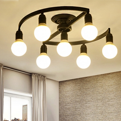 Classic Metal Semi-Flush Mount Ceiling Light with 7/9 Black Bare Bulbs for Living Room