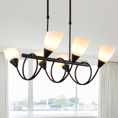 Vintage Black Cup Chandelier Light - 6/8/10 Lights, White Glass, LED Pendant Lamp with Linear Design