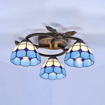 Lámpara de techo vintage con vidrieras: montaje empotrado abovedado con decoración de hojas (azul, 3 luces)