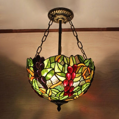 Semi-plafonnier rustique en verre teinté vert - Plafonnier à 3 lumières avec motif de fruits
