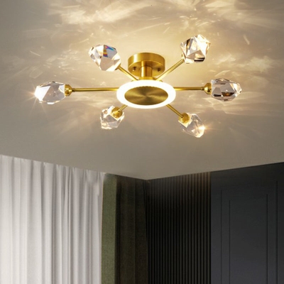 Stralende elegantie in de slaapkamer: postmoderne gouden LED-plafondlamp met radiaal ontwerp van kristallen blokken