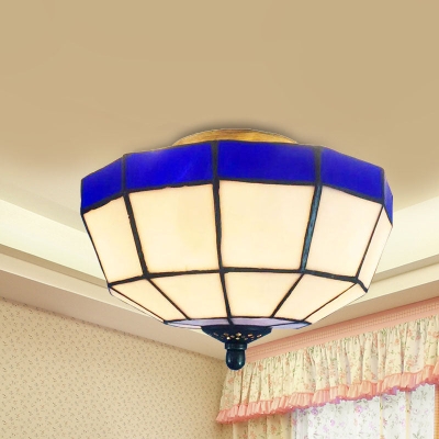 Lámpara empotrada de vitral estilo Tiffany azul y blanco para vestíbulo - Lámpara de techo empotrada en forma de cuenco, 1 luz