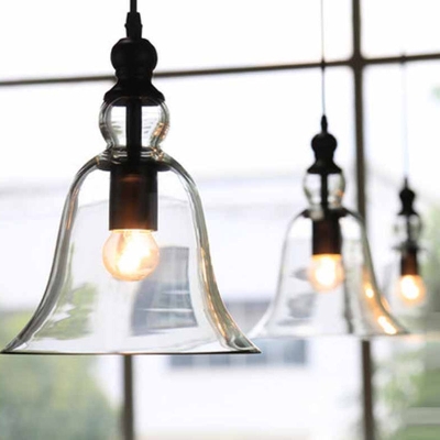 Lampada a sospensione a soffitto singolo nero Apparecchio di illuminazione a sospensione in vetro trasparente con campana rustica