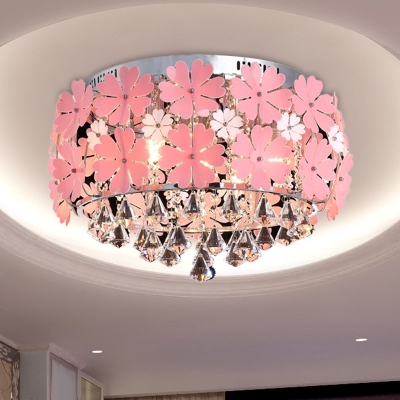 Modern Crystal Drop LED Drum Ceiling Light Fixture with Pink Flower Decoration, 18
