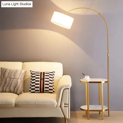 Modern Round Floor Lamp with Shelf - Simple Fabric Shade, Arched Design - Ideal for Living Room Lighting