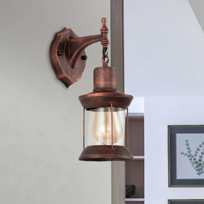 Antique Copper Glass Wall Mounted Lantern - Industrial Single Bulb Sconce Light for Bathroom