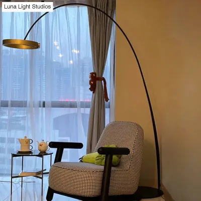 Minimalist Metal LED Floor Lamp with Rotatable Gold Loop and Fishing Rod Pole