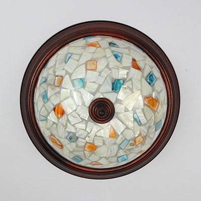 Beige Round Flushmount Lodge Stained Glass Ceiling Light Fixture with Floral/Geometric Elements