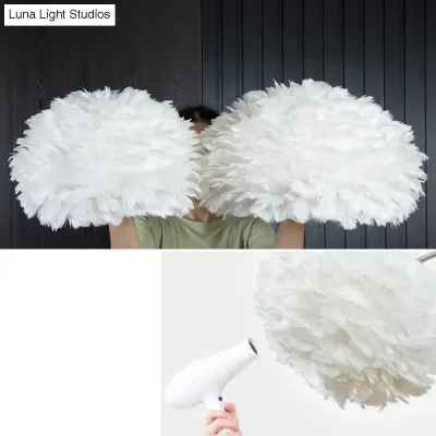 Simple White Feather Floor Lamp with Extendable Fishing Rod Arm