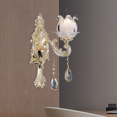 Traditional Gold Semi-Open Flower Frosted Glass Sconce for Living Room Wall.