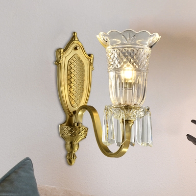 Vintage Floral Wall Light with Clear Crystal Glass Shade in Gold - 1 Light, Wall Mounted Lamp