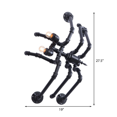 Antique Style Black Spider Wall Lamp: Metallic, Water Pipe Design, 2 Bulbs for Stairway