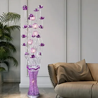 Purple LED Floral Floor Lamp with Elegant Twig Design, Aluminum Vase-Shaped Decorative Standing Light